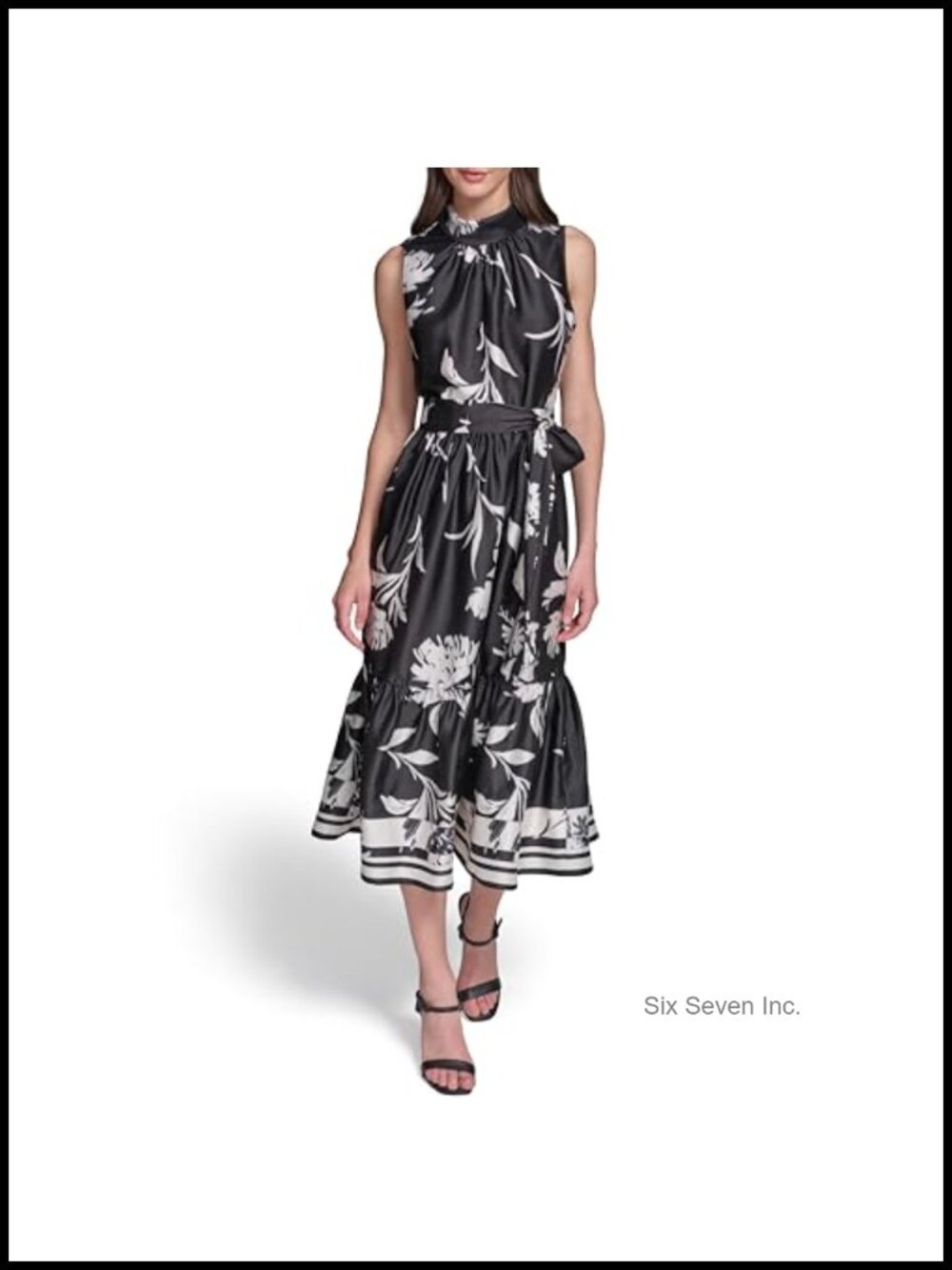 Sleeveless Mock Neck Scarf Twill Print Midi Dress Fit & Flare